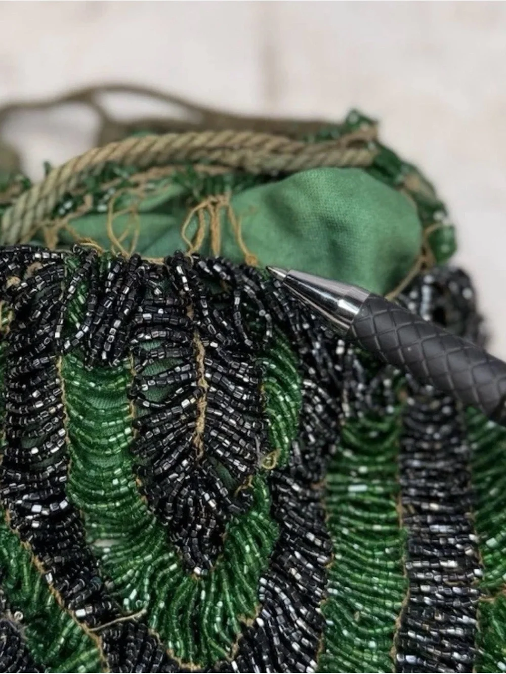 Vintage Green Black Micro Beaded Drawstring Purse Fringe Deco Style